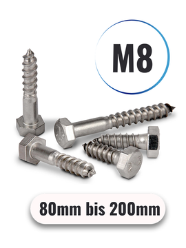 Sechskant Holzschrauben M8 von 80 bis 200mm DIN 571 aus Edelstahl A2