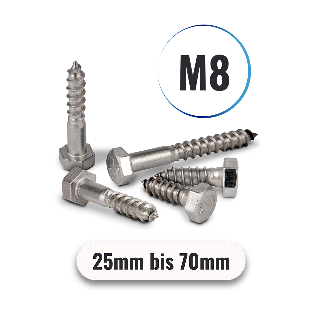 Sechskant Holzschrauben M8 von 25 bis 70mm DIN 571 aus Edelstahl A2