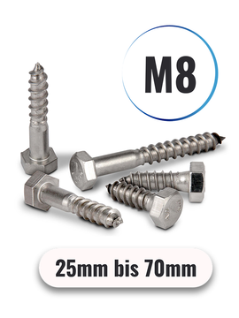 Sechskant Holzschrauben M8 von 25 bis 70mm DIN 571 aus Edelstahl A2