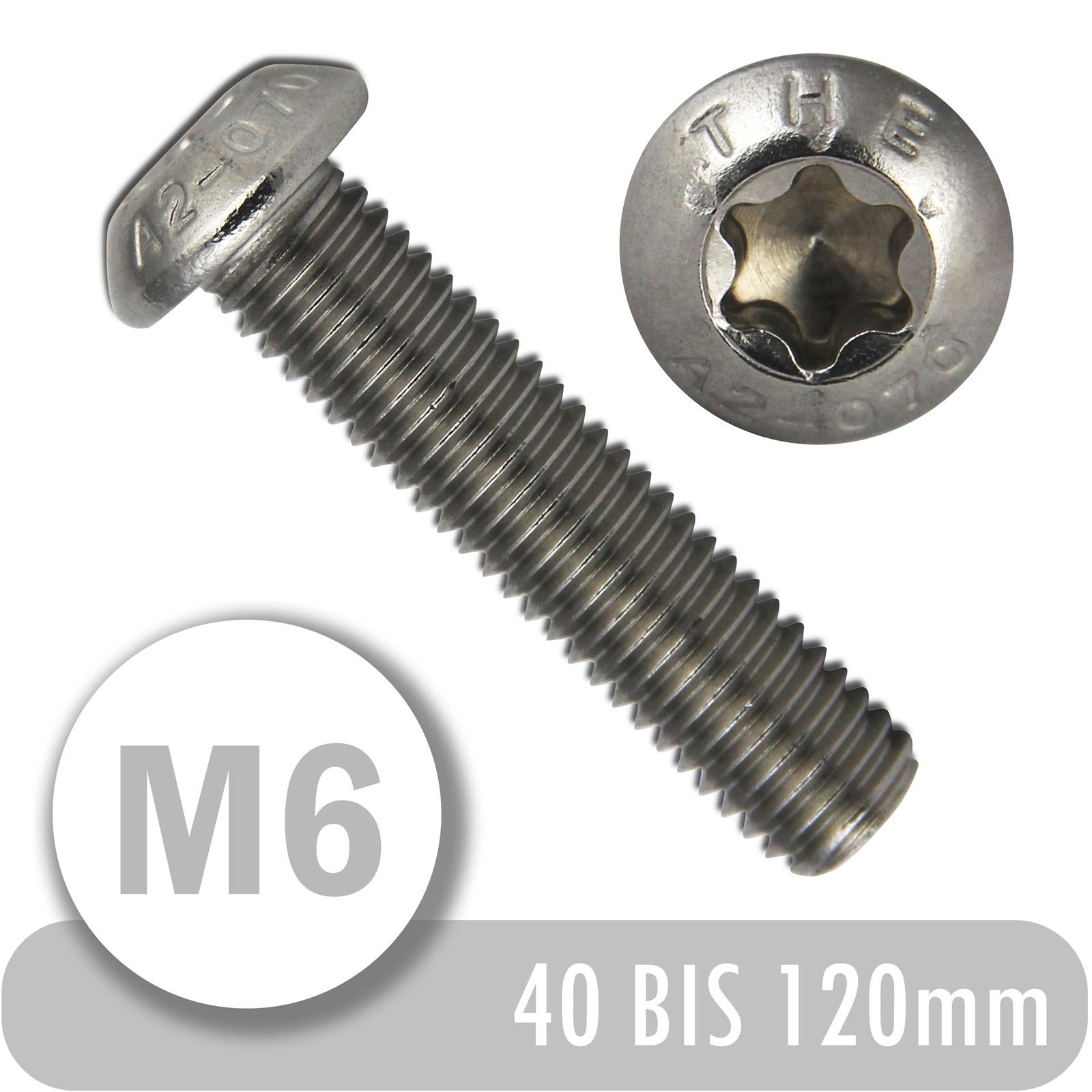 Linsenschrauben M6 von 40 bis 120mm mit Innensechsrund TX ISO 7380 aus Edelstahl A2