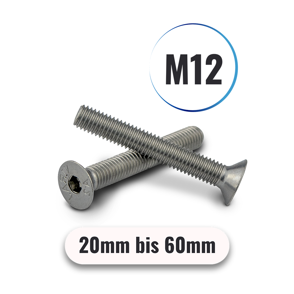 Senkkopfschrauben M12 von 20 bis 60mm mit Innensechskant DIN 7991 aus Edelstahl A2