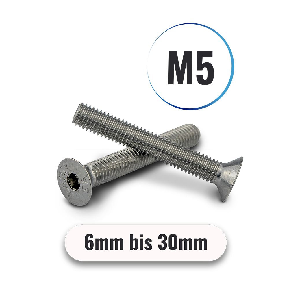 Senkkopfschrauben M5 von 6 bis 30mm mit Innensechskant DIN 7991 aus Edelstahl A2