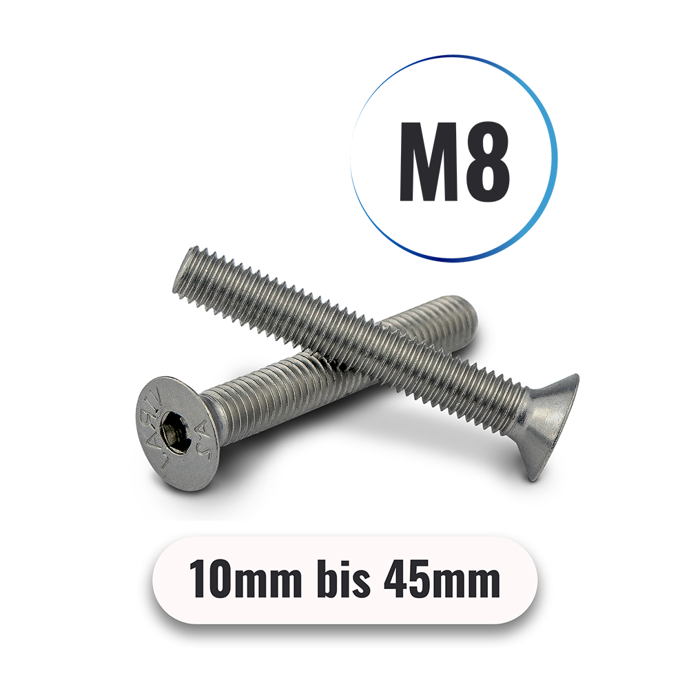 Senkkopfschrauben M8 von 8 bis 45mm mit Innensechskant DIN 7991 aus Edelstahl A2