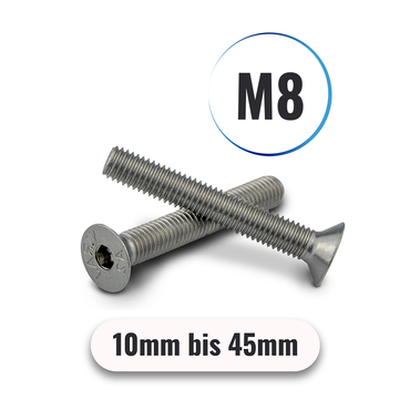 Senkkopfschrauben M8 von 8 bis 45mm mit Innensechskant DIN 7991 aus Edelstahl A2