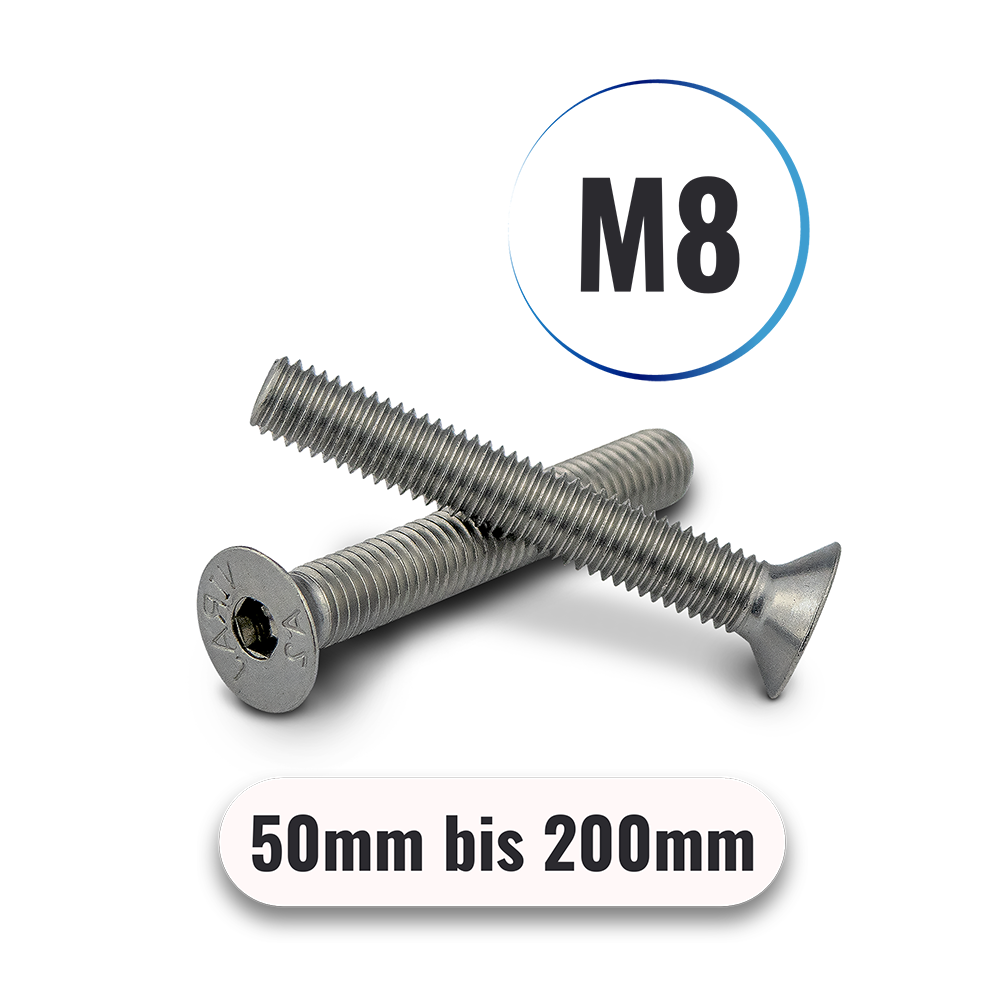 Senkkopfschrauben M8 von 50 bis 200mm mit Innensechskant DIN 7991 aus Edelstahl A2