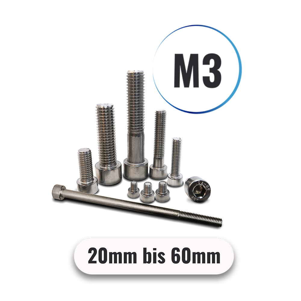 Zylinderschrauben M3 von 20 bis 60mm mit Innensechskant DIN 912 aus Edelstahl A2