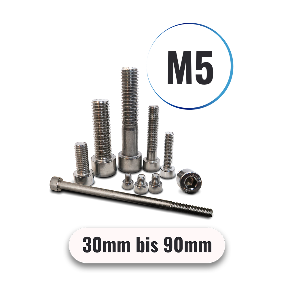 Zylinderschrauben M5 von 30 bis 90mm mit Innensechskant DIN 912 aus Edelstahl A2