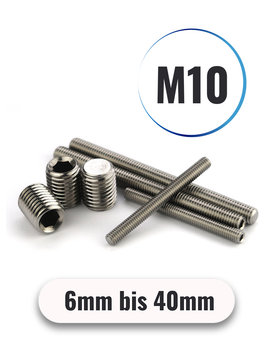 Gewindestifte M10 von 6 bis 40mm mit ISK u. Kegelkuppe DIN 913 aus Edelstahl A2