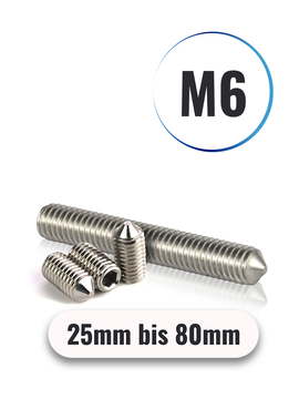 Gewindestifte M6 von 25mm bis 80mm mit ISK u. Spitze DIN 914 aus Edelstahl A2