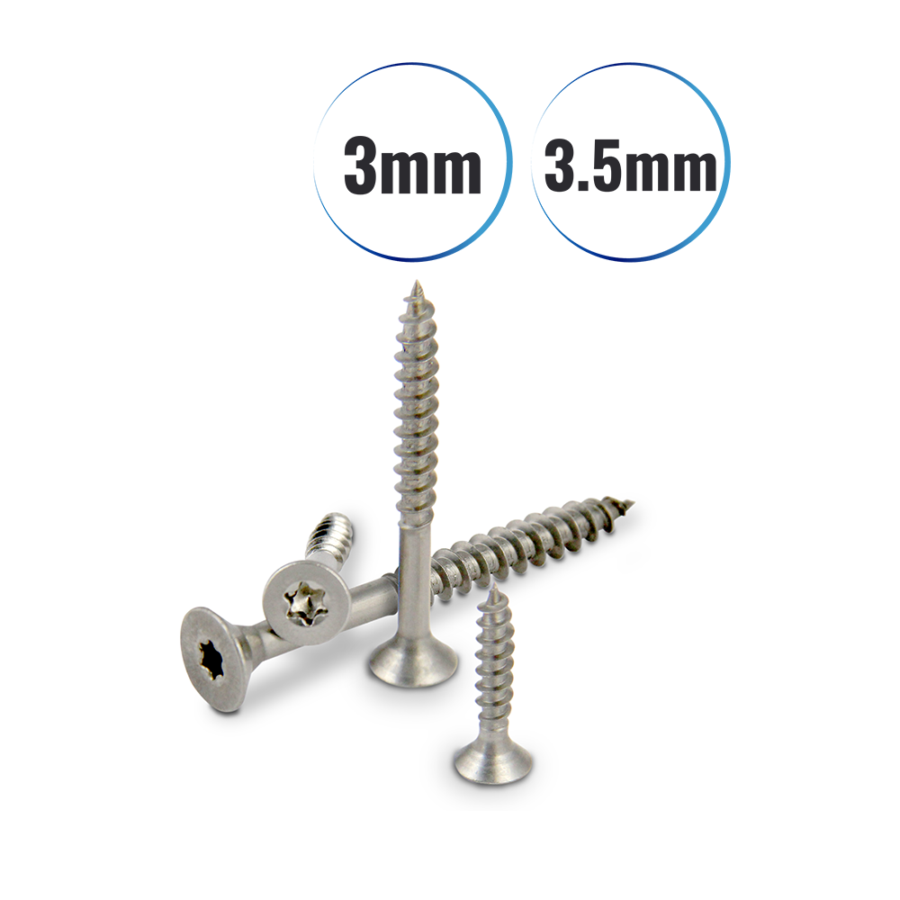 Spanplattenschrauben von 3 und 3,5mm TORX aus Edelstahl A2