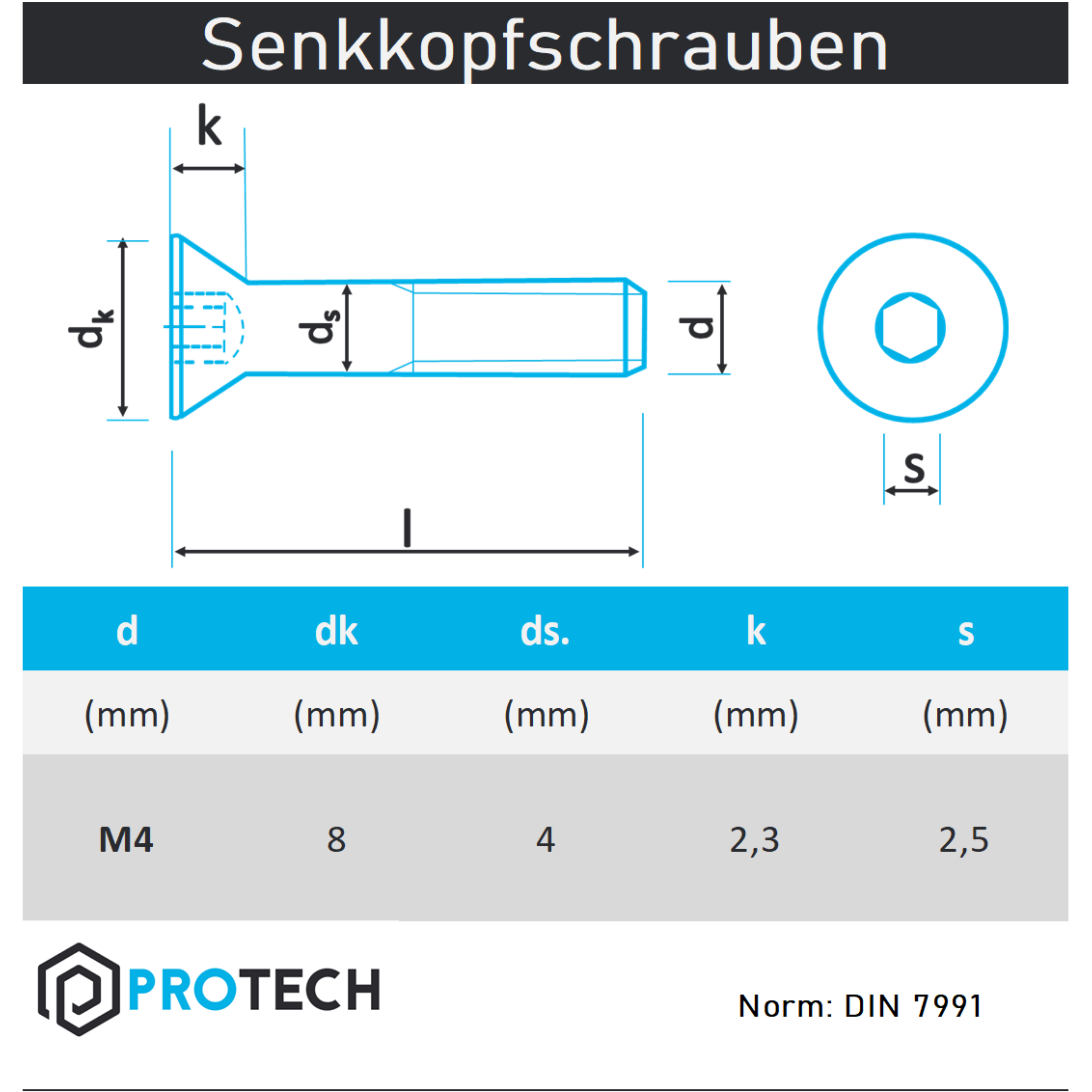 Senkkopfschrauben M4 mit Innensechskant DIN 7991 aus Edelstahl A2