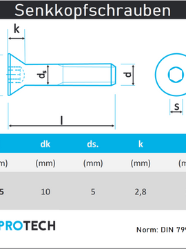 Senkkopfschrauben M5 von 35 bis 80mm mit Innensechskant DIN 7991 aus Edelstahl A2