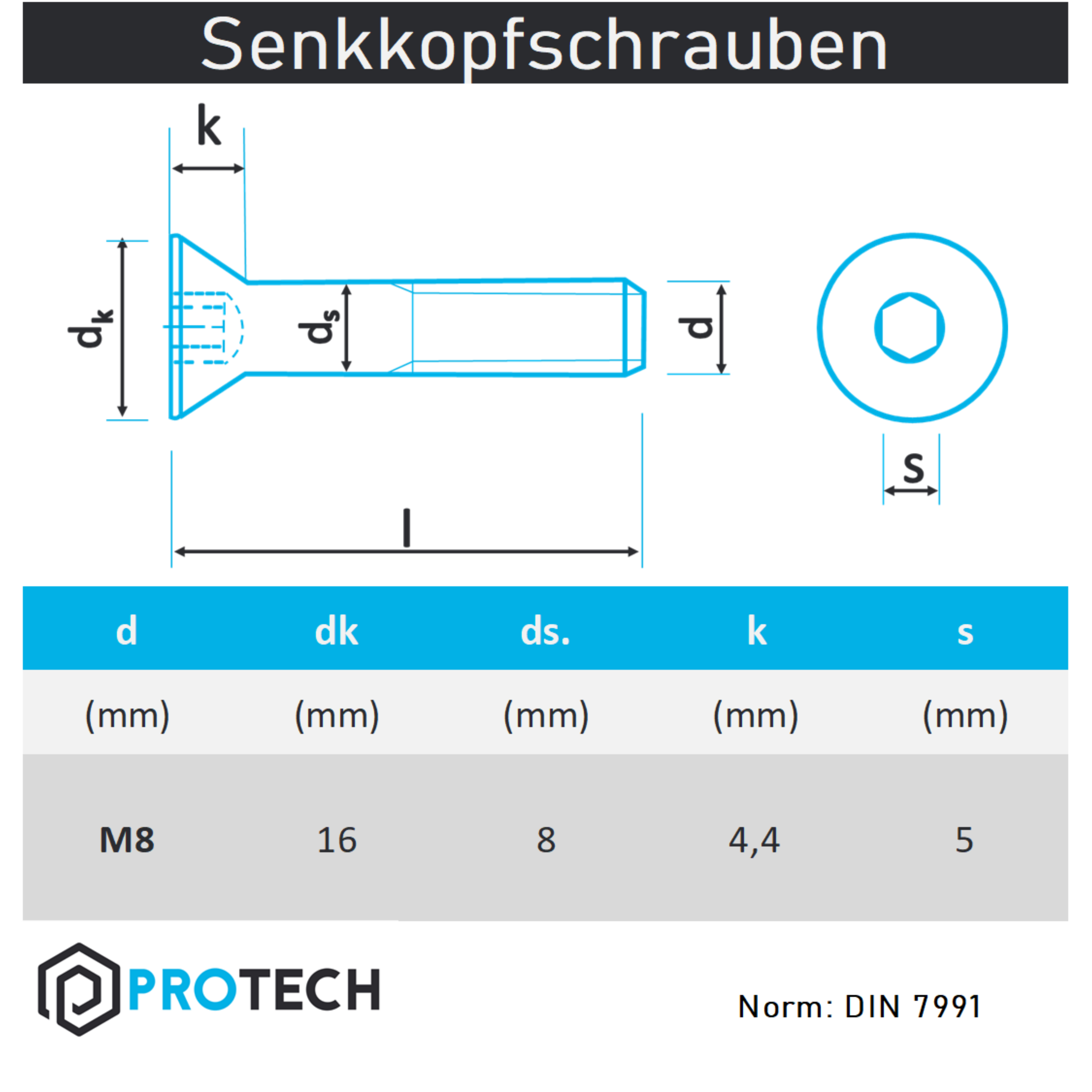 Senkkopfschrauben M8 von 50 bis 200mm mit Innensechskant DIN 7991 aus Edelstahl A2