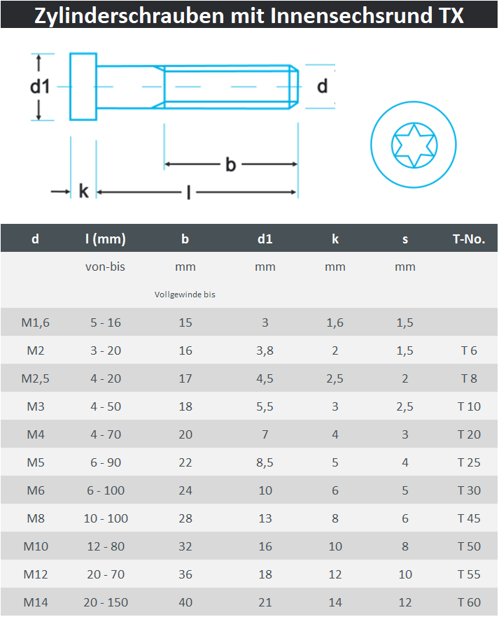 Zylinderschrauben M2,5 mit TORX ISO 14579 aus Edelstahl A2